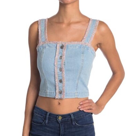 7 For All Mankind Womens Light Wash Denim Frayed Hem Bustier Tank Top Sz M NWT - Picture 1 of 9